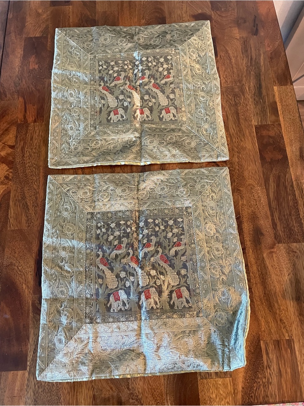 Elephant and peacock Square brocade Pillow cases in Sage Green - Set of 2